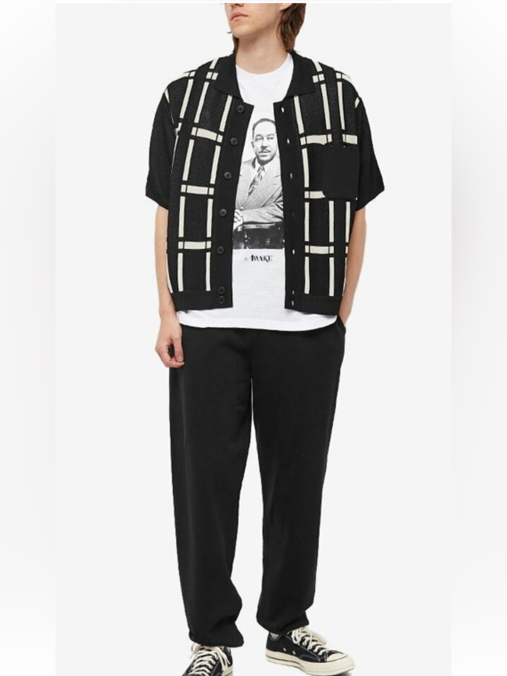 Awake Black Short-Sleeve Button Shirt with White Grid